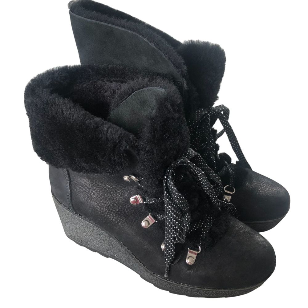 PM3 J Crew Women's Nordic Wedge Winter Boots Fur Lined‎ Black sz 9 M Style K2901